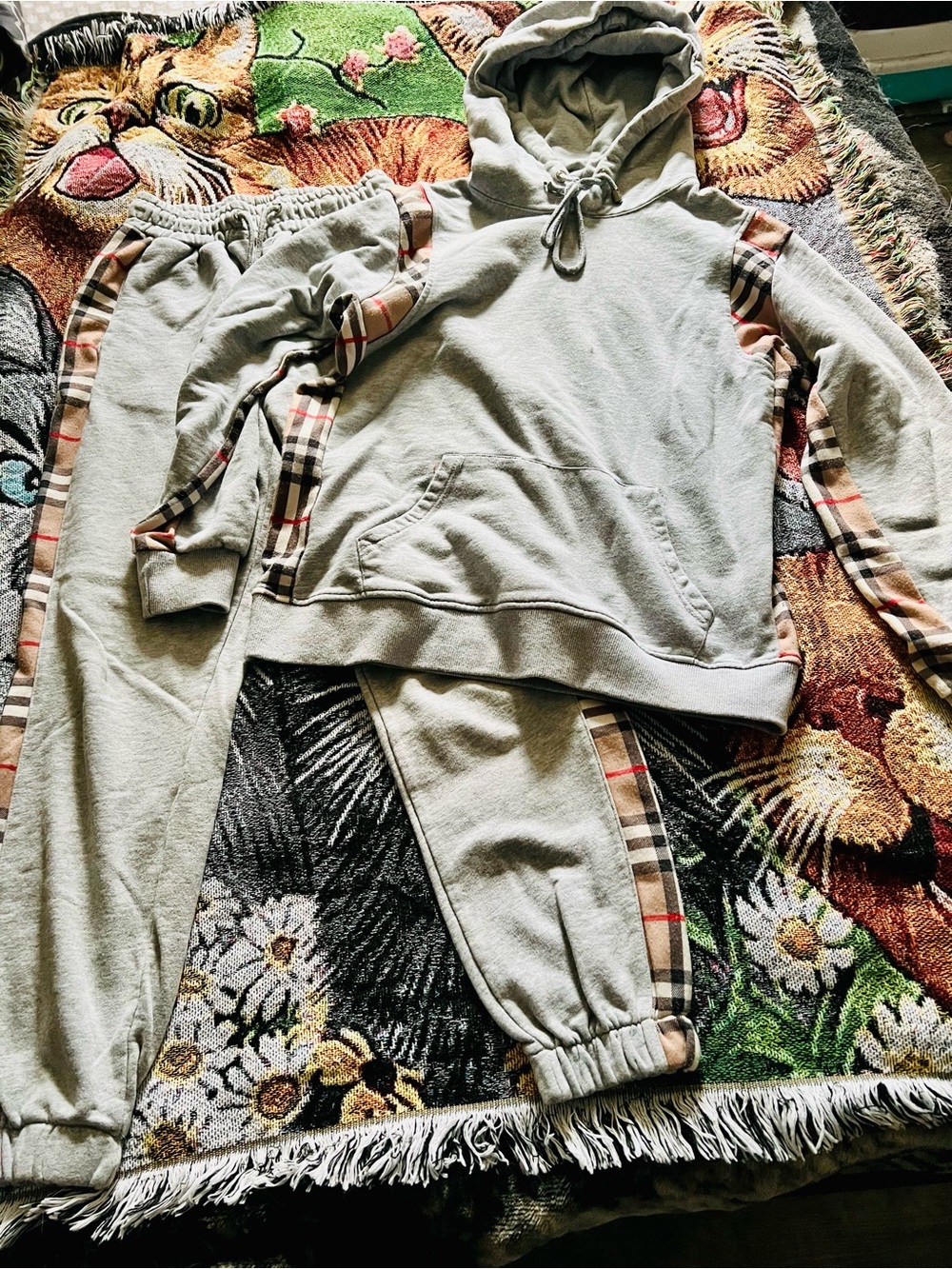 Burberry Light Gray Hoodie & Jogger Set with Plaid Trim